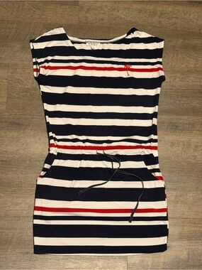 Exist Navy, White & Red Striped Casual Drawstring Dress